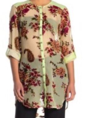 Aratta Cream Sheer Floral Paisley Button-Front Tunic with Mint Trim